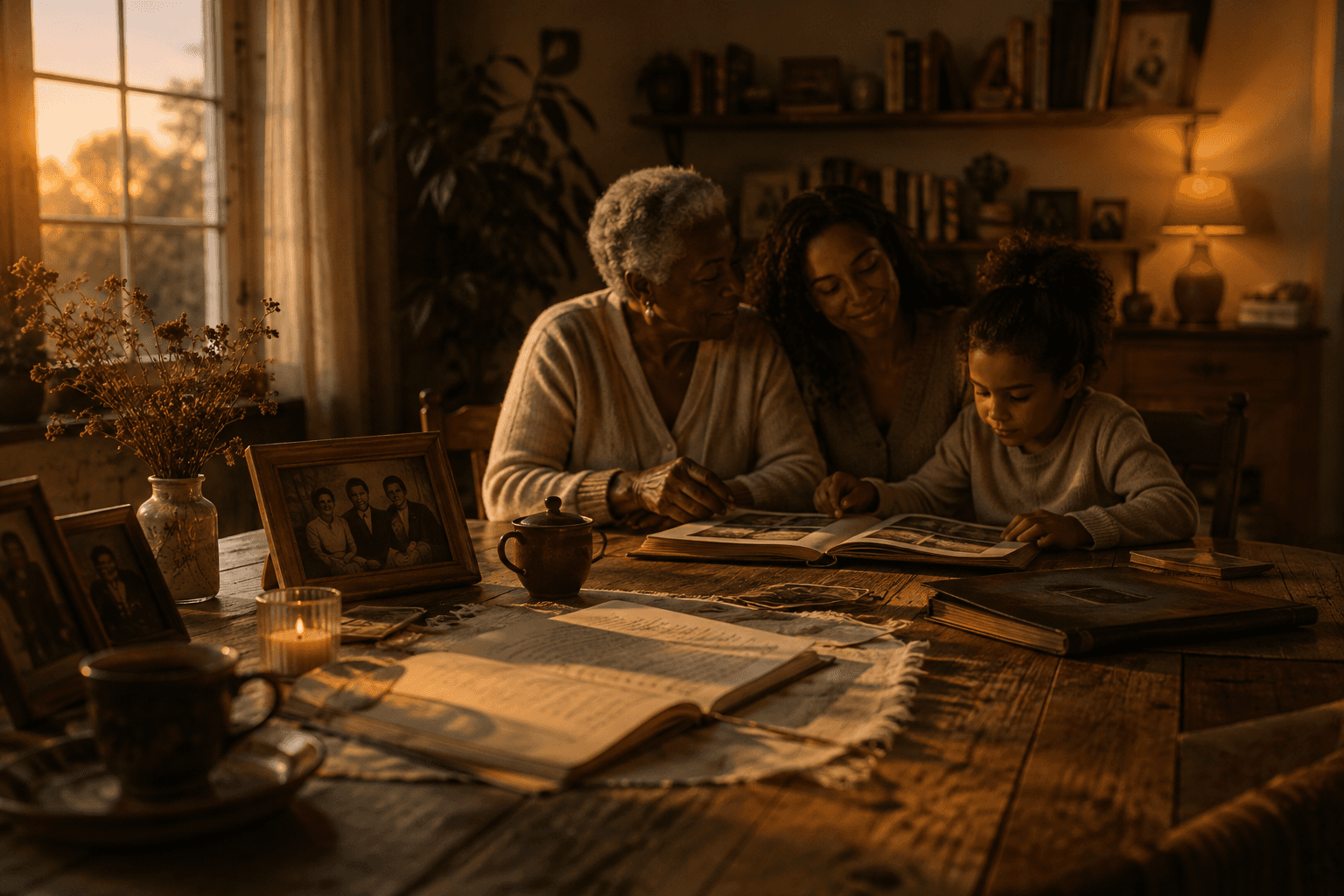 Trois générations d'une même famille réunies dans leur salon, feuilletant ensemble d'anciens albums de photos.